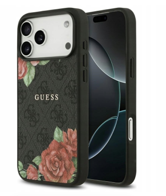 Guess для iPhone 17 Pro чехол PU Flowers Roses Hard Black (MagSafe)   
