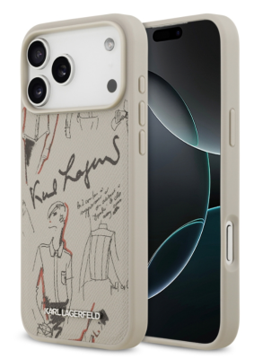 Lagerfeld для iPhone 17 Pro чехол PU Grained leather Sketch with Metal logo Hard Grey (MagSafe)   