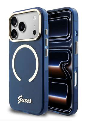 Guess для iPhone 17 Pro чехол IML Script Metal logo and Camera Hard Blue (MagSafe)   