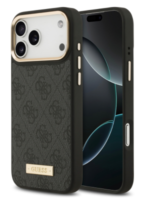 Guess для iPhone 17 Pro чехол PU 4G Plate metal logo and Gold camera Hard Black (MagSafe)   