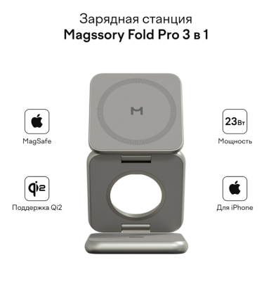 Беспроводное зарядное устройство Magssory Fold Pro 3 в 1, с магнитами, совместимое с Qi2 titan   