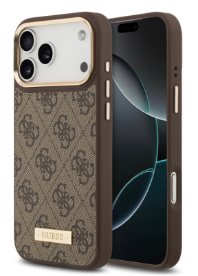 Guess для iPhone 17 Pro чехол PU 4G Plate metal logo and Gold camera Hard Brown (MagSafe)   