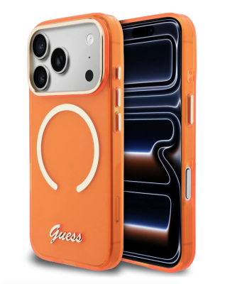 Guess для iPhone 17 Pro чехол IML Script Metal logo and Camera Hard Orange (MagSafe)   