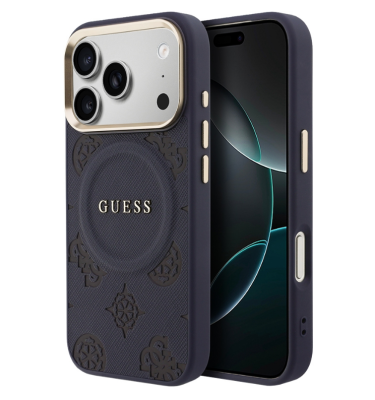 Guess для iPhone 17 Pro Max чехол PU Saffiano Peony Metal logo Gold camera Hard Blue (MagSafe)   