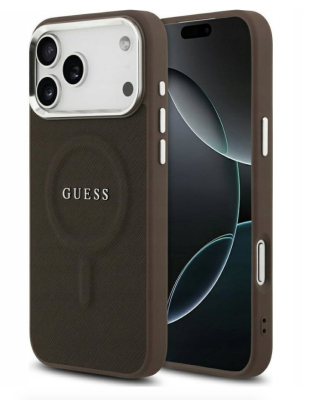 Guess для iPhone 17 Pro чехол PU Grained leather Classic metal logo & Camera Hard Brown (MagSafe)   