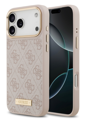 Guess для iPhone 17 Pro чехол PU 4G Plate metal logo and Gold camera Hard Pink (MagSafe)   
