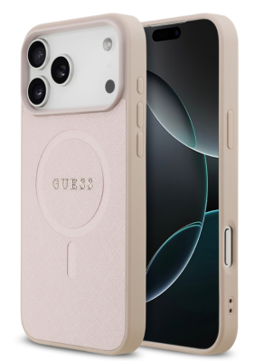 Guess для iPhone 17 Pro чехол PU Saffiano with Classic metal logo Hard Pink (MagSafe)   