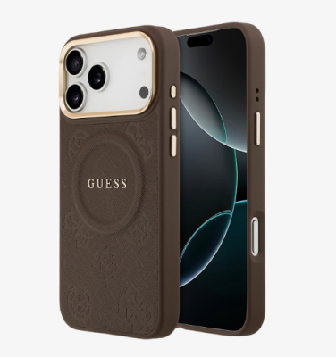 Guess для iPhone 17 Pro Max чехол PU Saffiano Peony Metal logo Gold camera Hard Brown (MagSafe)   